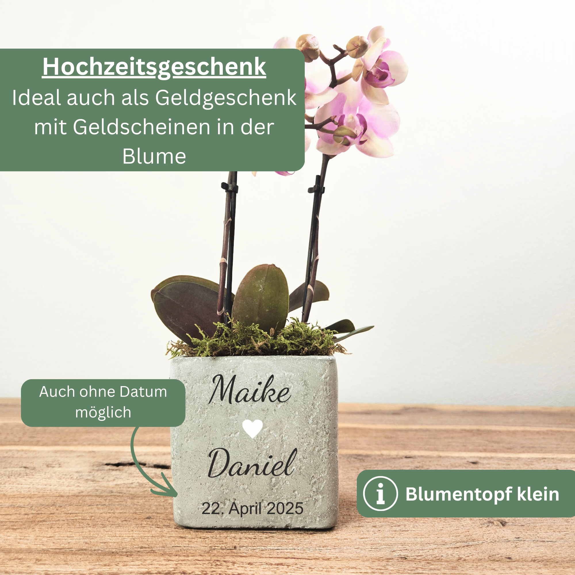 Geldgeschenk Hochzeit – Personalisierter Blumentopf mit Gravur aus Beton | Hochzeitsgeschenk für Brautpaar