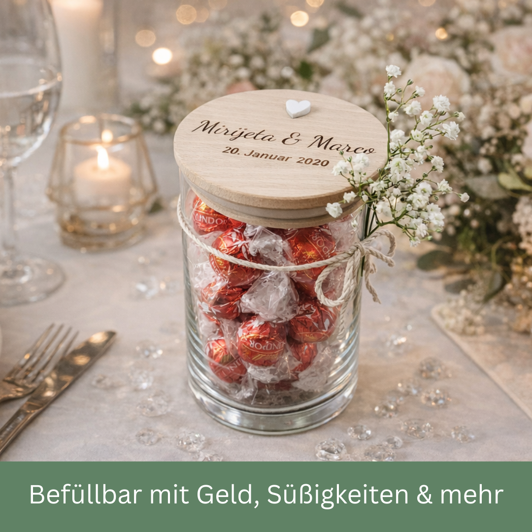 Personalisiertes Hochzeitsgeschenk – Geldgeschenk Hochzeit für das Brautpaar aus Glas mit Gravur | 3 Größen