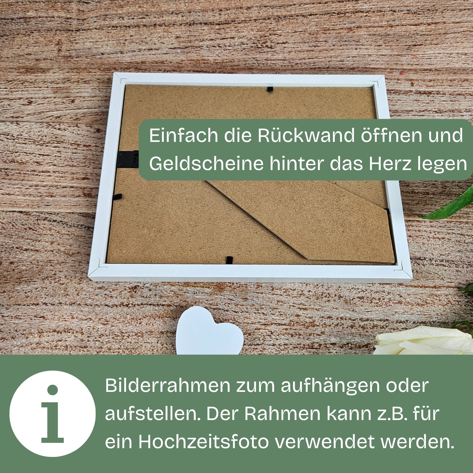 Rückseite des personalisierten Bilderrahmens – einfache Möglichkeit Geldscheine hinter das Herz zu legen