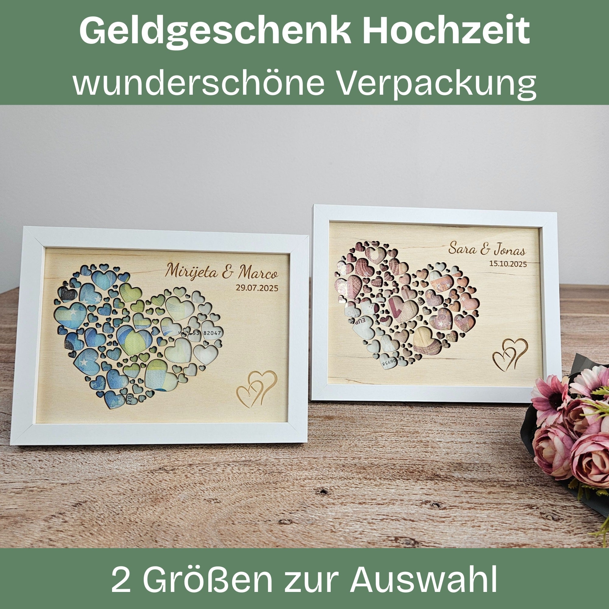 Zwei personalisierte Hochzeitsgeschenke mit Herzmotiv im Vergleich – in zwei Rahmengrößen aus Birkenholz