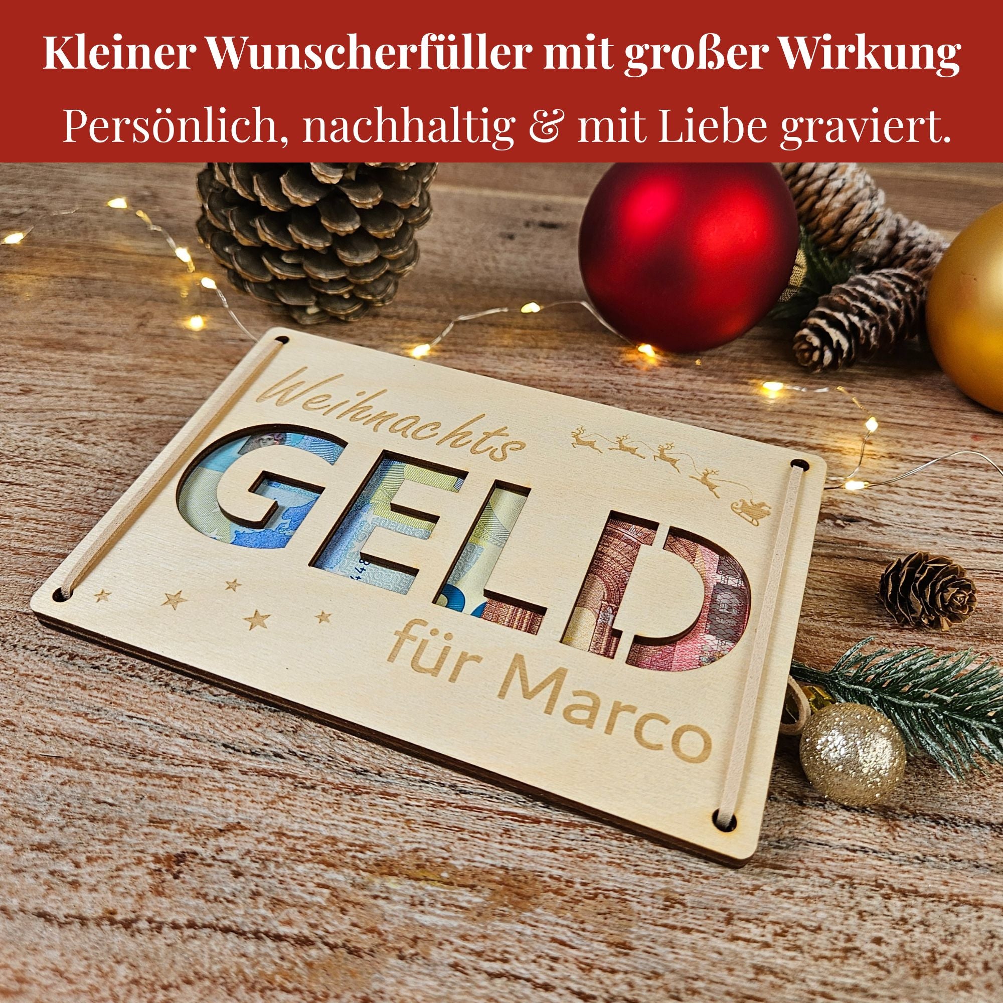 Personalisierte Geldkarte aus Birkenholz mit Schriftzug Weihnachtsgeld für Marco – nachhaltiges Geldgeschenk zu Weihnachten.