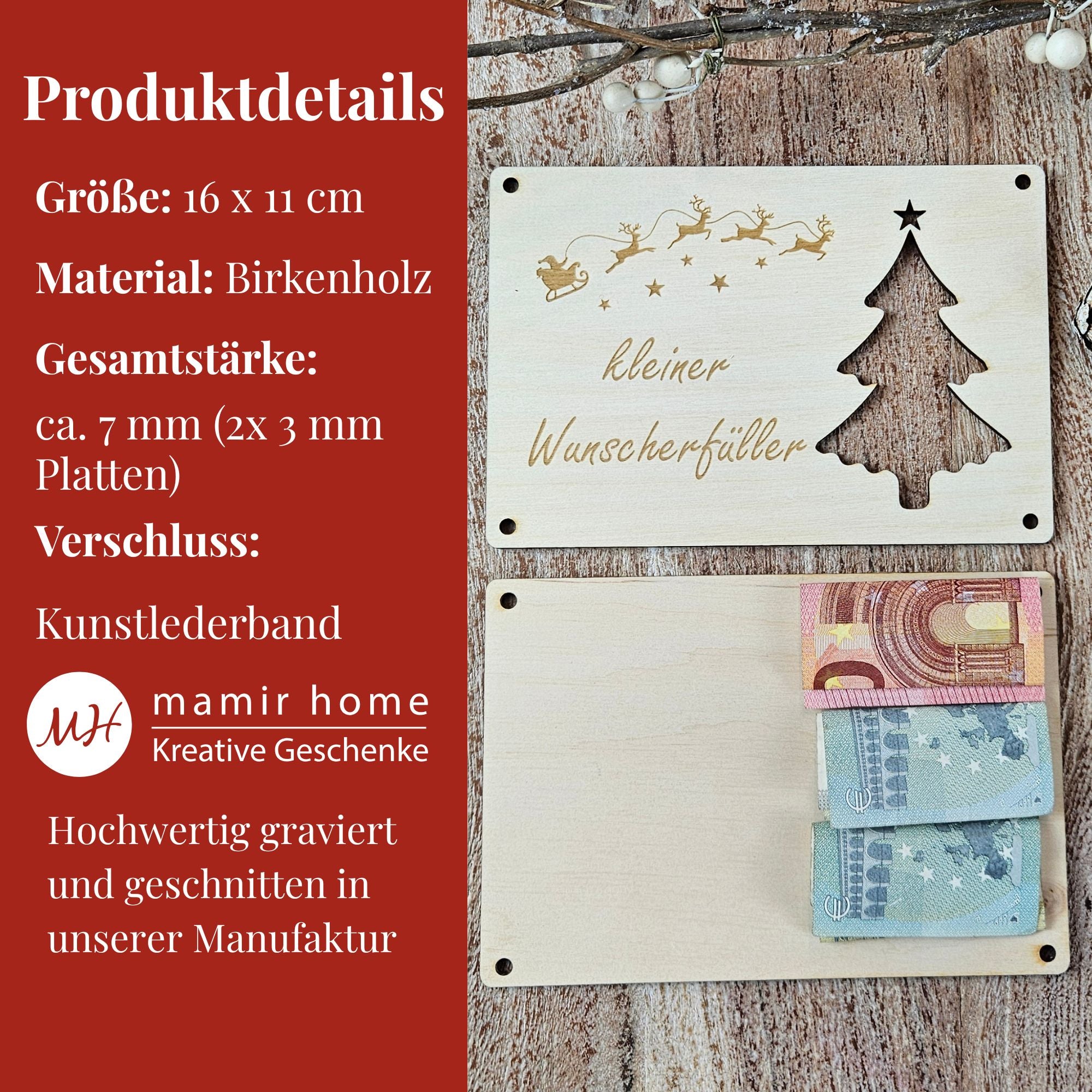 Produktdetails der Holzkarte für Geldgeschenke zu Weihnachten – Größe 16x11 cm, Birkenholz, Kunstlederband, handgefertigt in Deutschland.