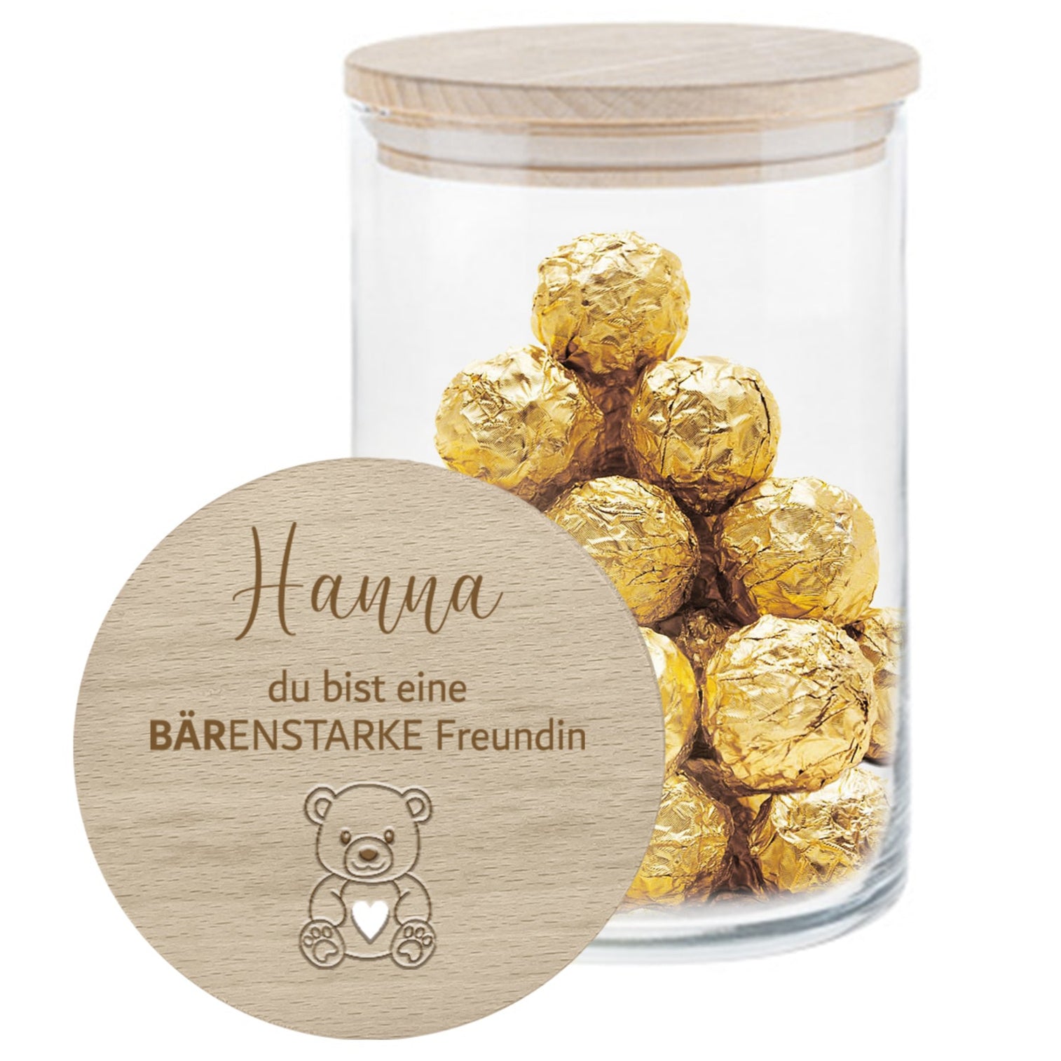 Geschenkset mit Glas, Gravurdeckel & Karte – Bärenstarke Freundin