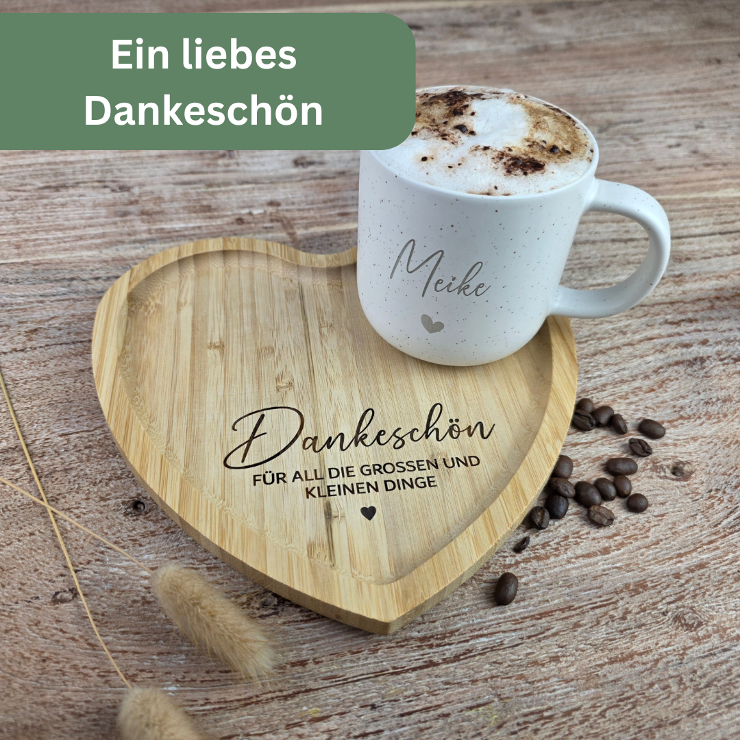 Dankeschön Geschenk mit Tasse & Herz-Tablett personalisiert