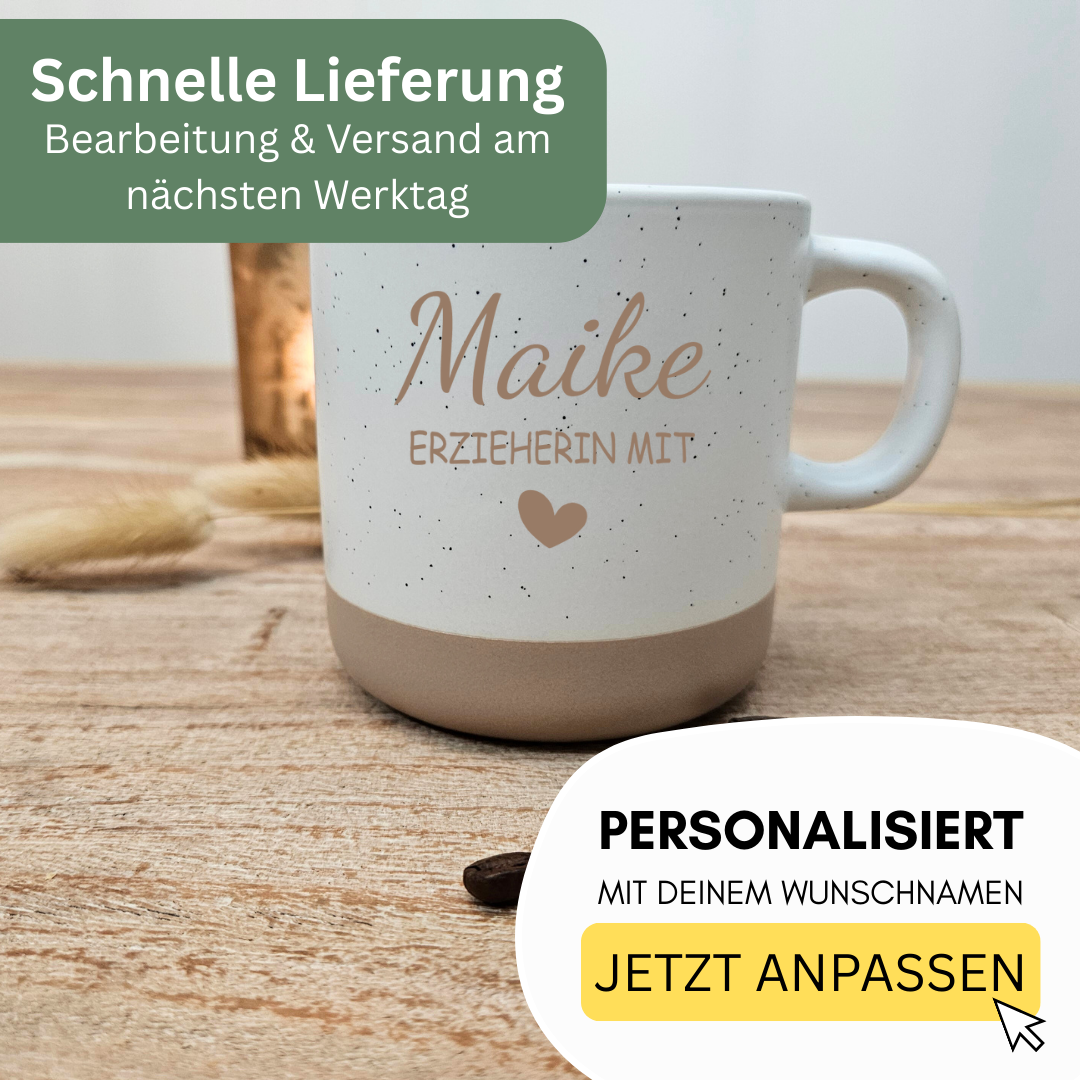 Personalisierte Tasse „Erzieherin mit Herz“ + Name – Abschiedsgeschenk Erzieherin Kita & Kindergarten