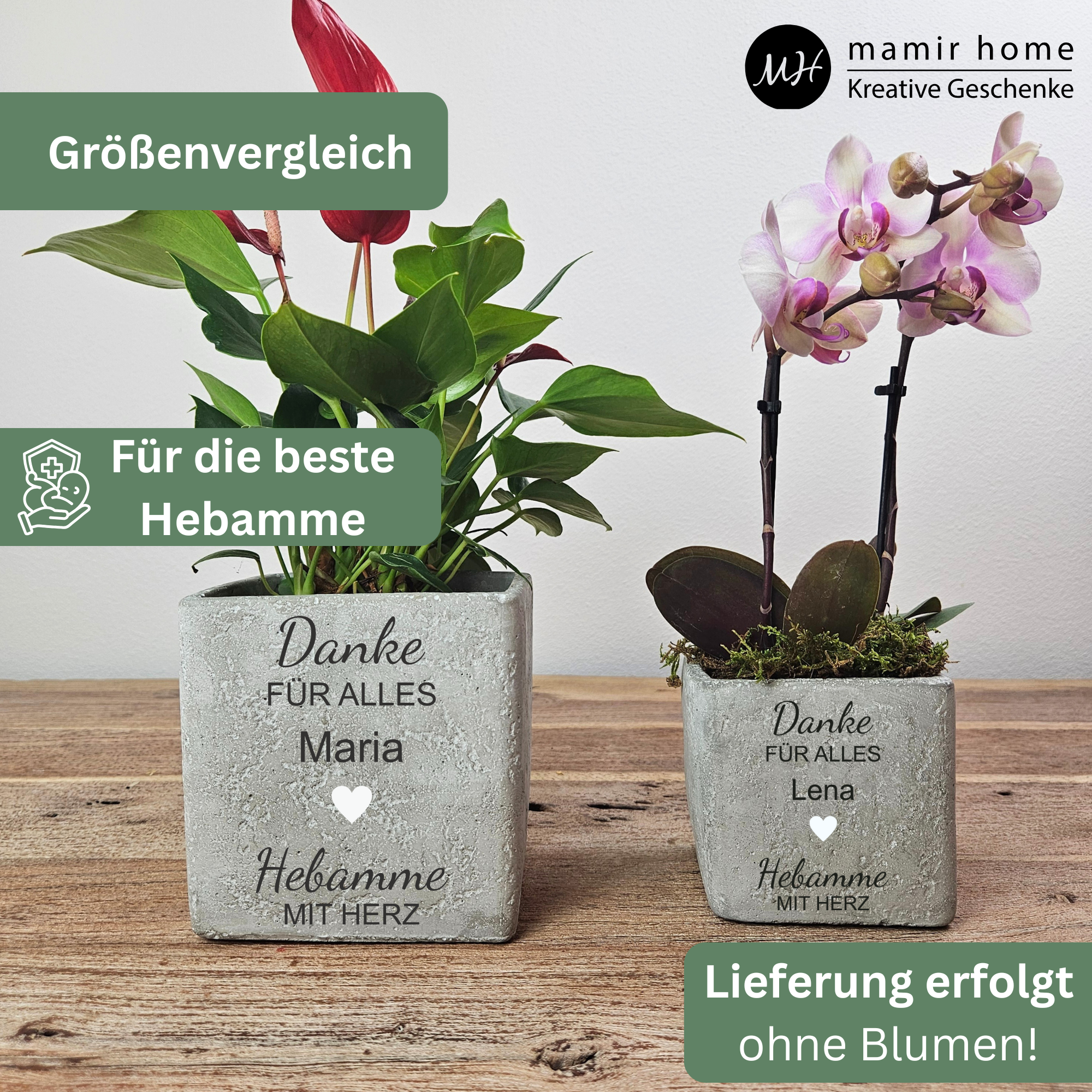 Geschenk für Hebamme – Personalisierter Blumentopf „Hebamme mit Herz“ aus Beton | Dankeschön & Abschiedsgeschenk