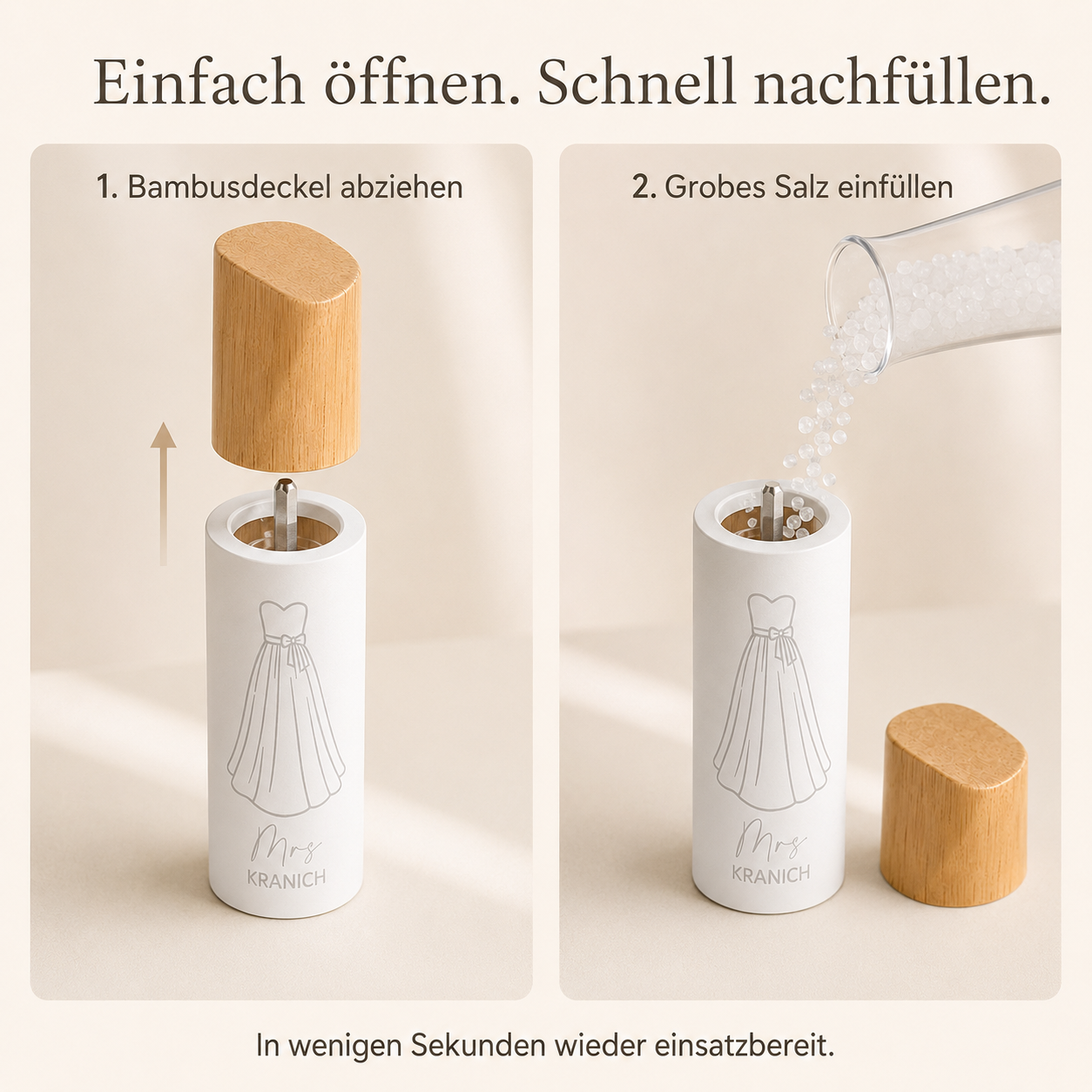 Nachfüllbare Salzmühle mit abnehmbarem Bambusdeckel und großer Öffnung zum einfachen Einfüllen von grobem Salz.