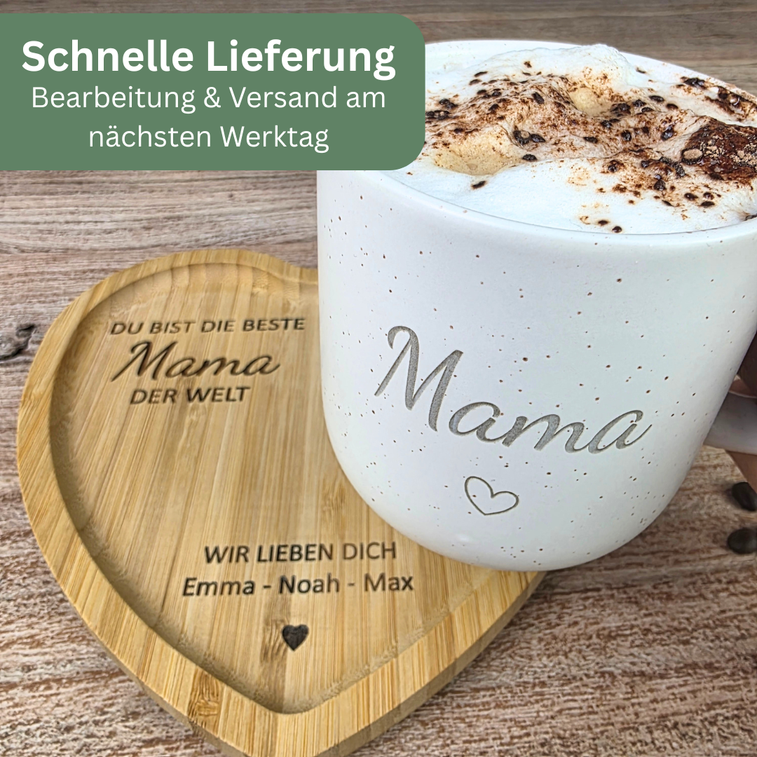 Muttertagsgeschenk Mama personalisiert – Tasse mit Herz-Tablett | Geschenk für Mama mit Namen | Du bist die beste Mama/Oma der Welt