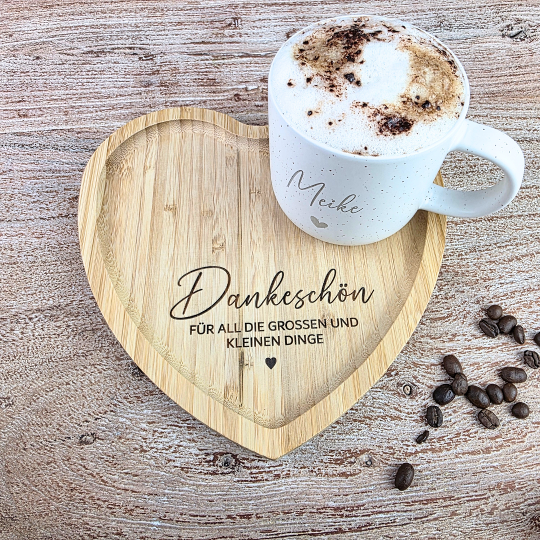 Dankeschön Geschenk mit Tasse & Herz-Tablett personalisiert