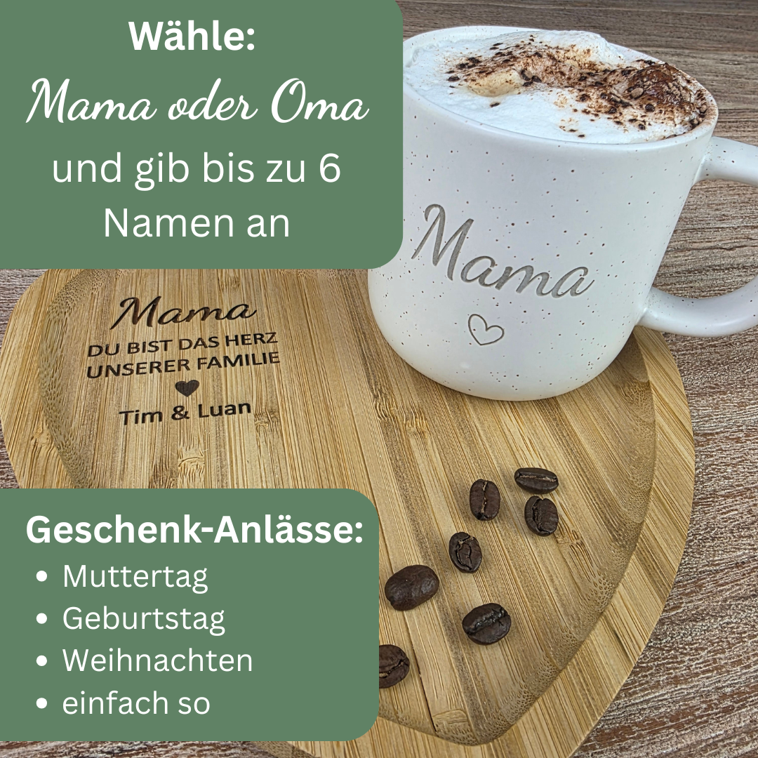 Muttertagsgeschenk Mama personalisiert – Tasse Mama & Herz Tablett mit Gravur | Geschenk für Mama & Oma | Du bist das Herz unserer Familie + Namen
