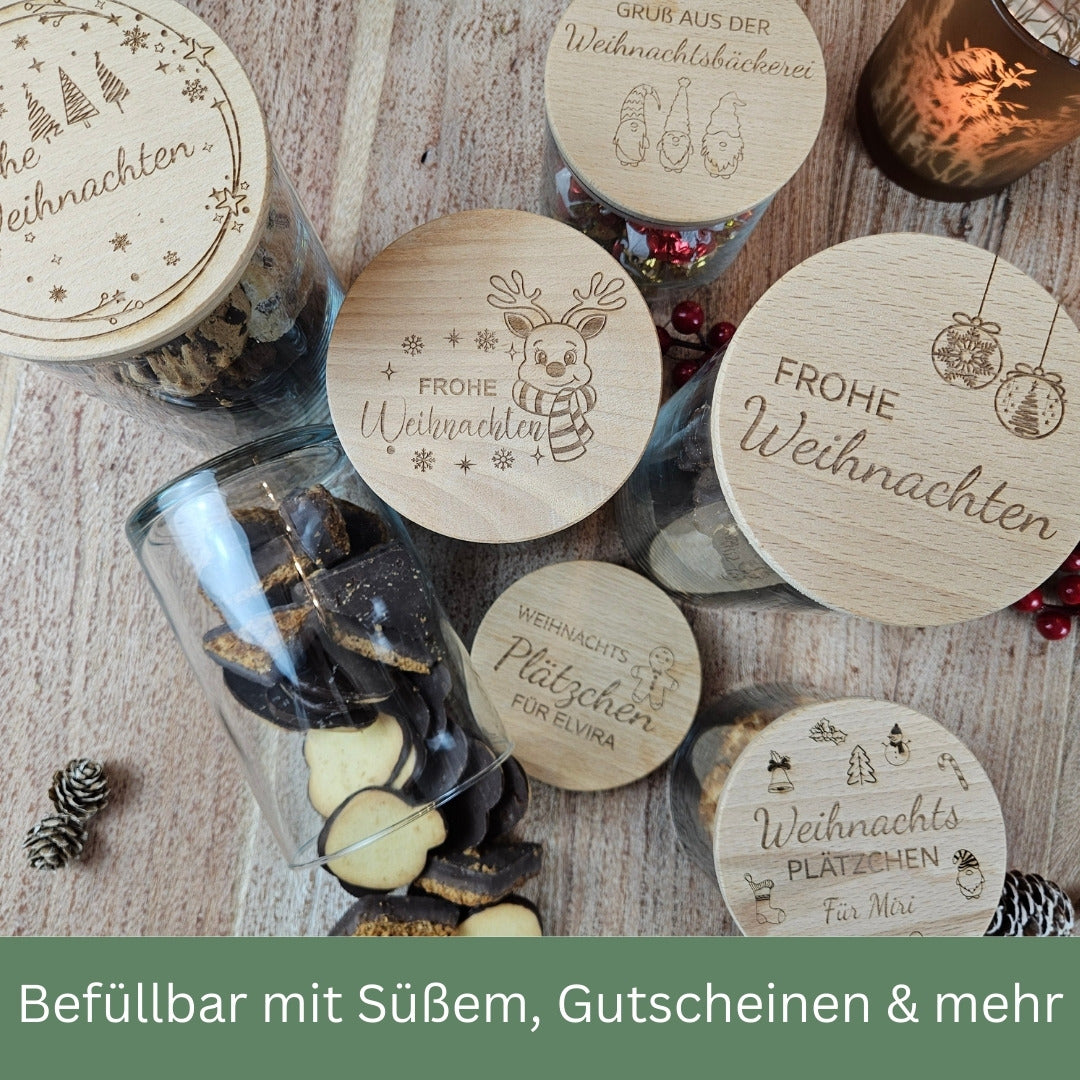 Geschenkglas Weihnachten mit Gravur, befüllbar mit Süßem, Gutscheinen oder kleinen Geschenken, nachhaltige Plätzchendose