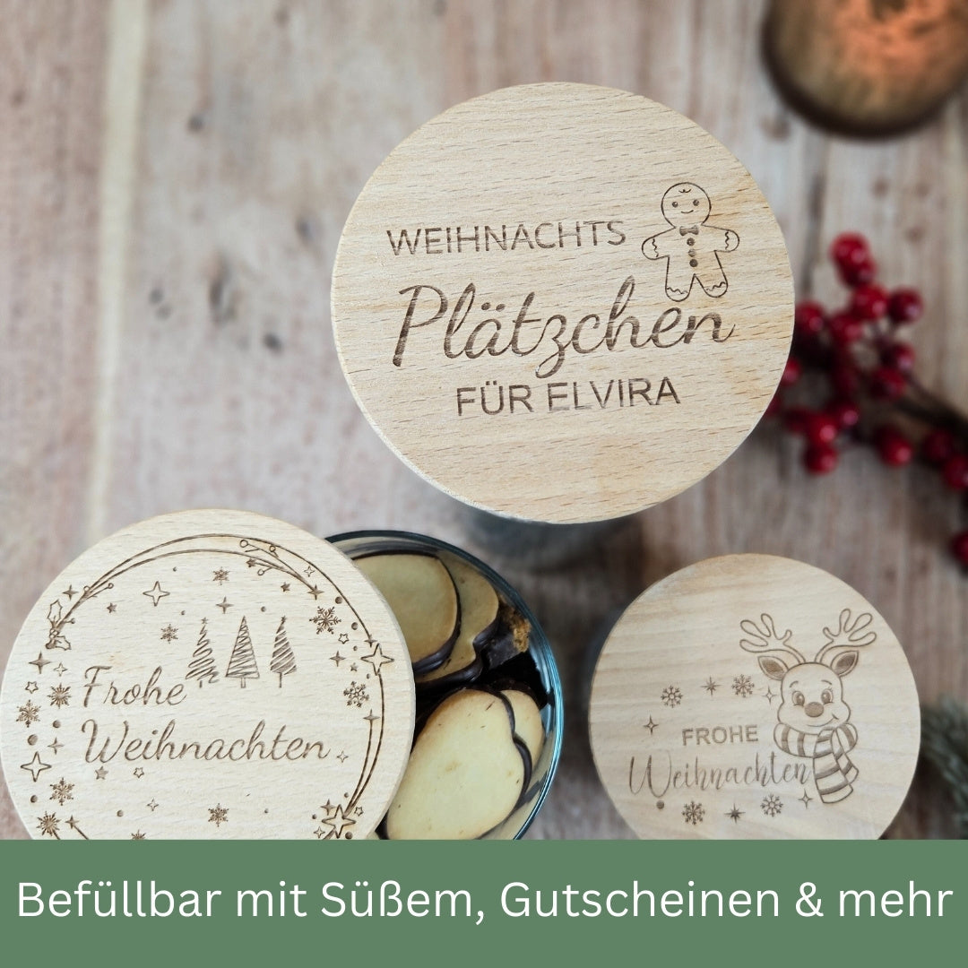 Geschenkglas Weihnachten befüllbar mit Plätzchen, Süßigkeiten, Gutscheinen – Keksdose personalisiert mit Gravur