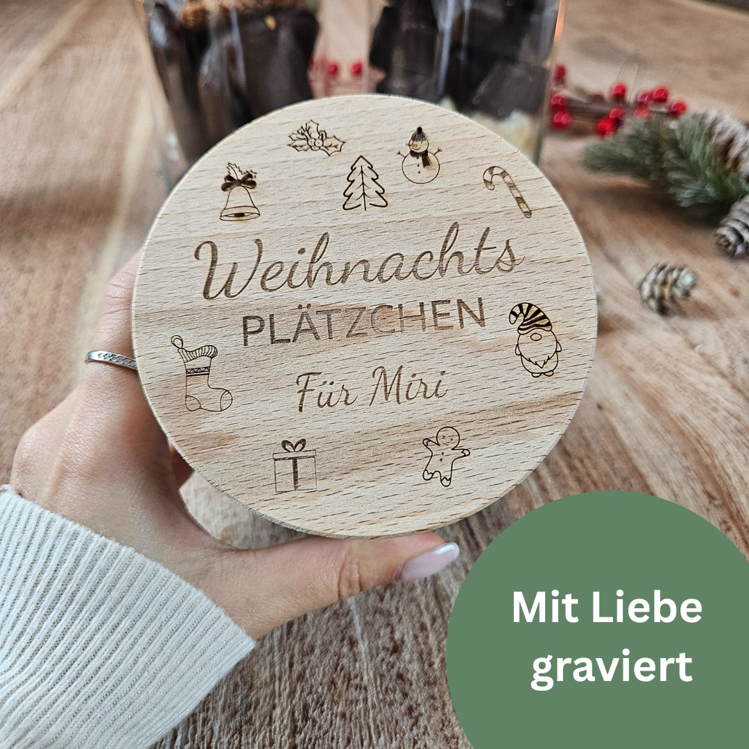 Geschenkglas Weihnachten mit liebevoll graviertem Deckel „Weihnachtsplätzchen“, personalisiert