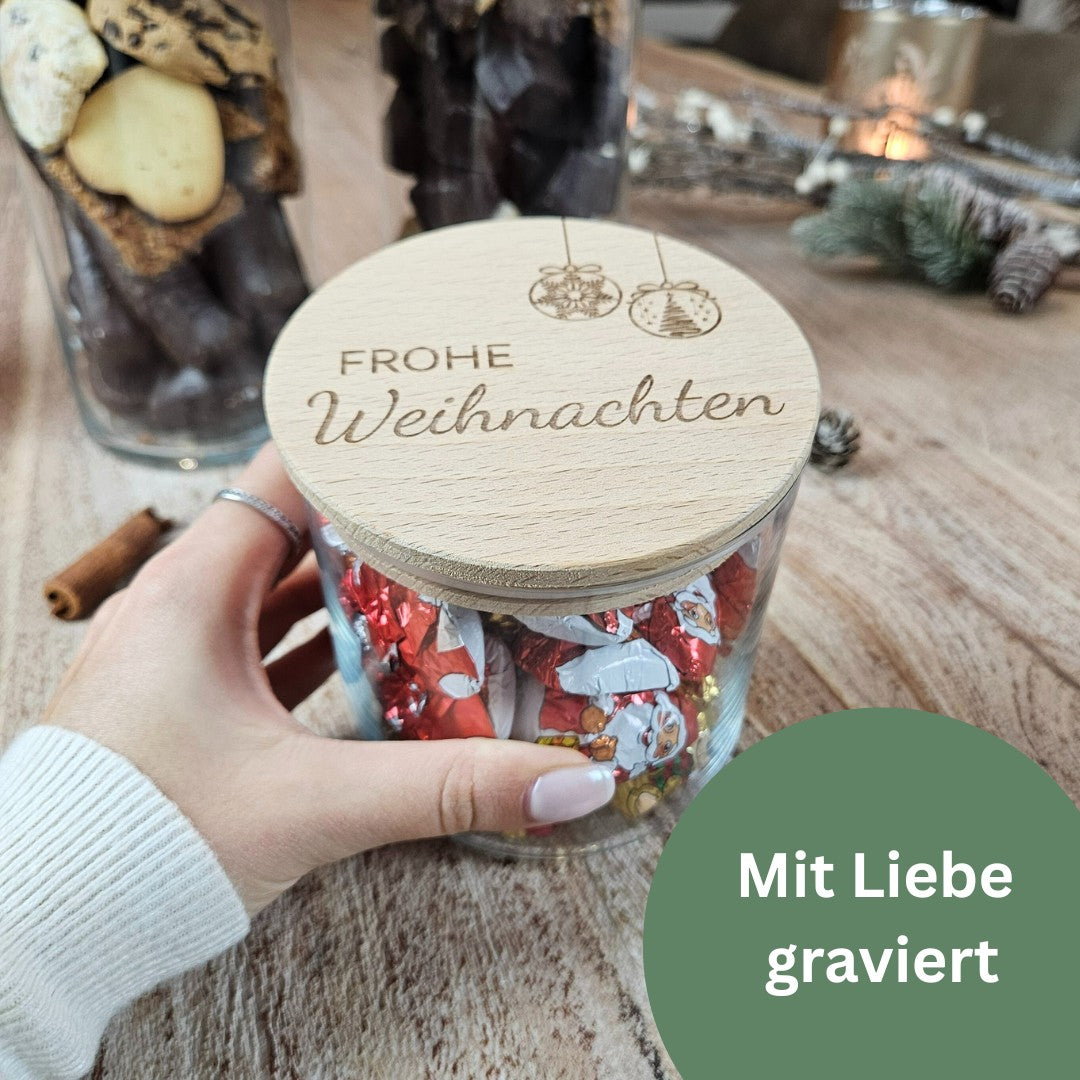 Geschenkglas Weihnachten mit Gravur „Frohe Weihnachten“, mit Liebe graviert auf Holzdeckel