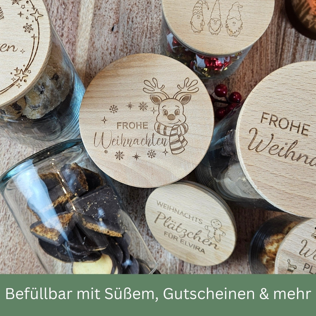 Geschenkglas Weihnachten mit Rentier-Gravur, befüllbar mit Keksen, Schokolade oder Gutscheinen