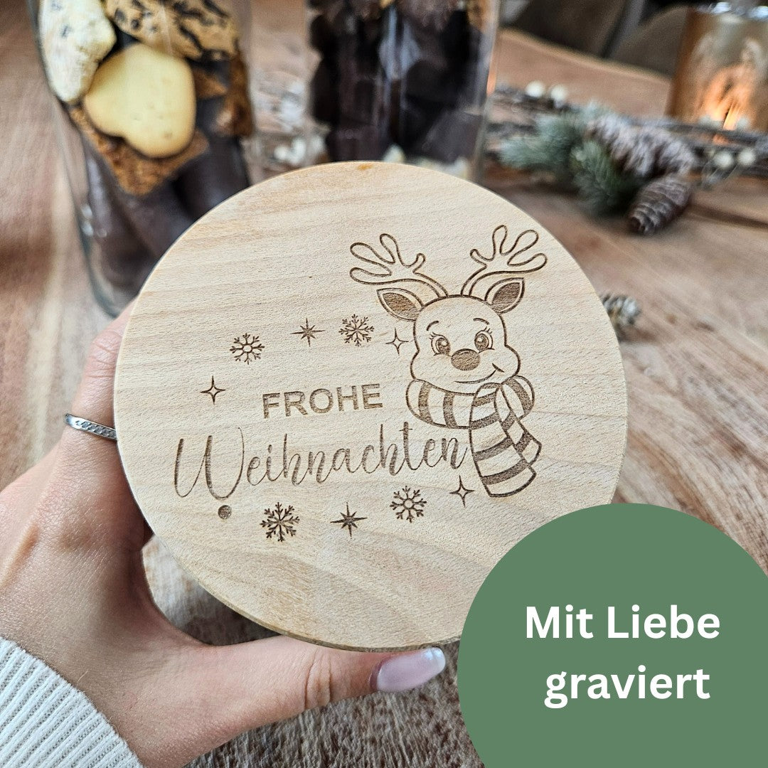 Geschenkglas Weihnachten mit Rentier-Gravur „Frohe Weihnachten“, mit Liebe graviert