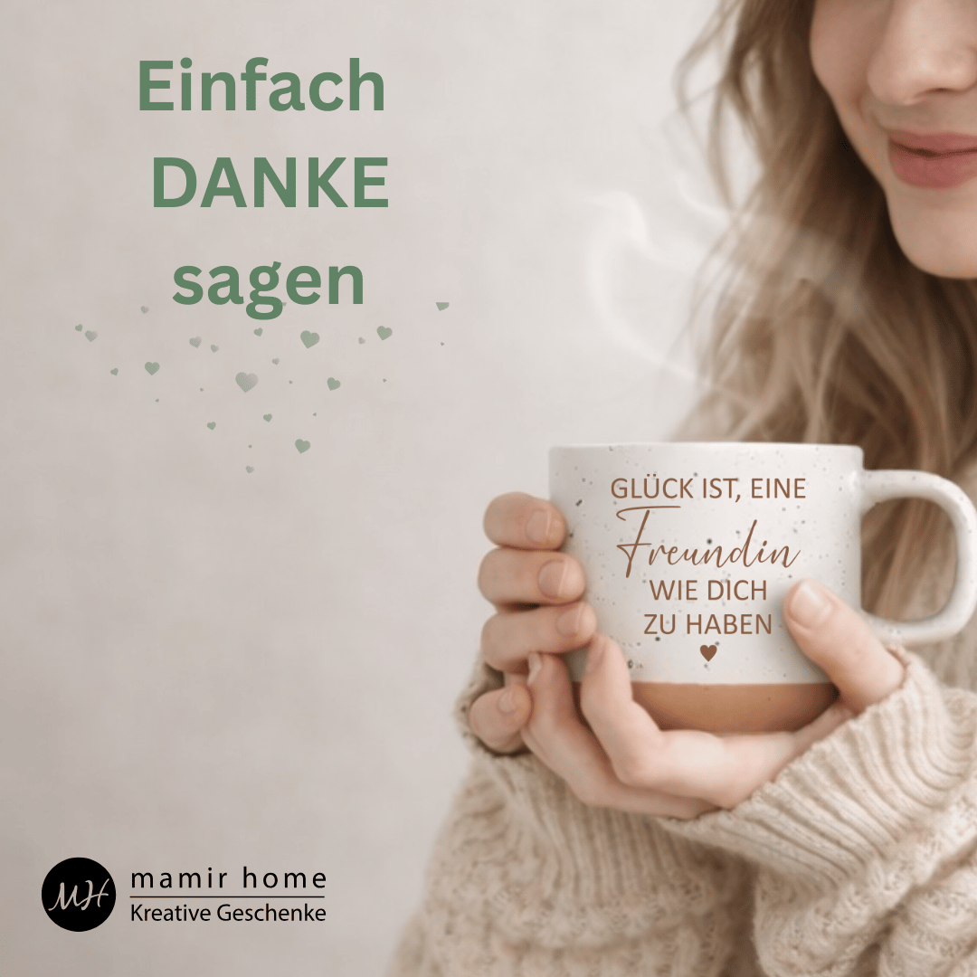 Geschenk für Freundin – Steingut Tasse „Glück ist, eine Freundin wie dich zu haben“