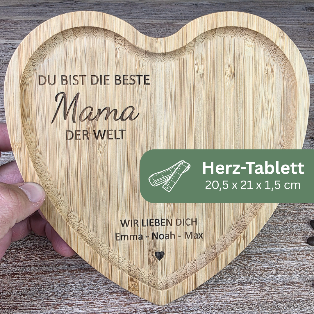 Muttertagsgeschenk Mama personalisiert – Tasse mit Herz-Tablett | Geschenk für Mama mit Namen | Du bist die beste Mama/Oma der Welt
