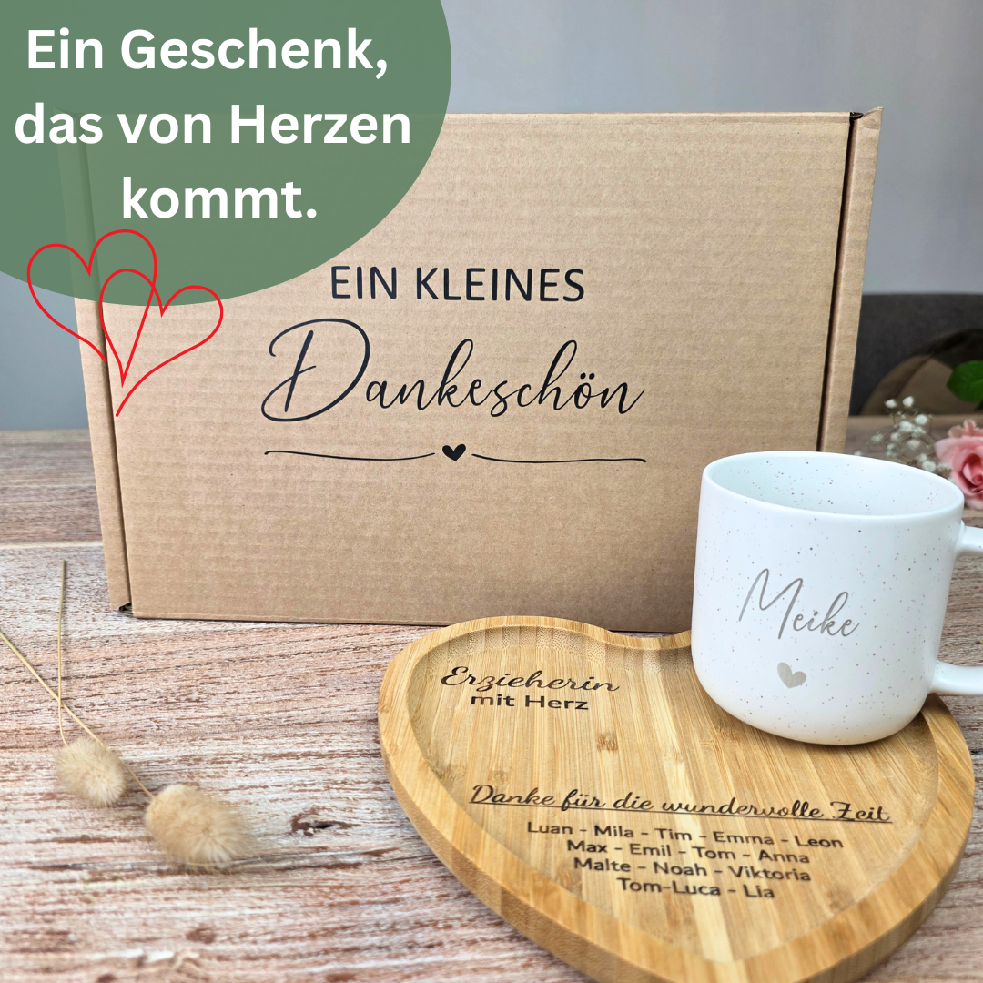 Abschiedsgeschenk Erzieherin mit Kindernamen – Personalisierte Tasse & Herz-Tablett | Geschenk Erzieherin Abschied