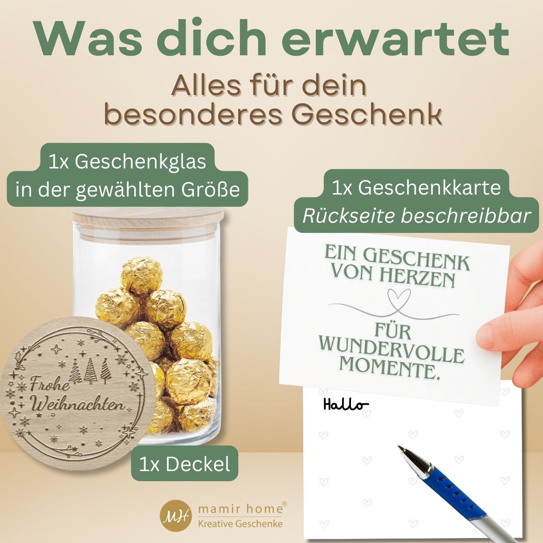 Geschenkset Weihnachten mit Vorratsglas, graviertem Deckel und beschreibbarer Geschenkkarte