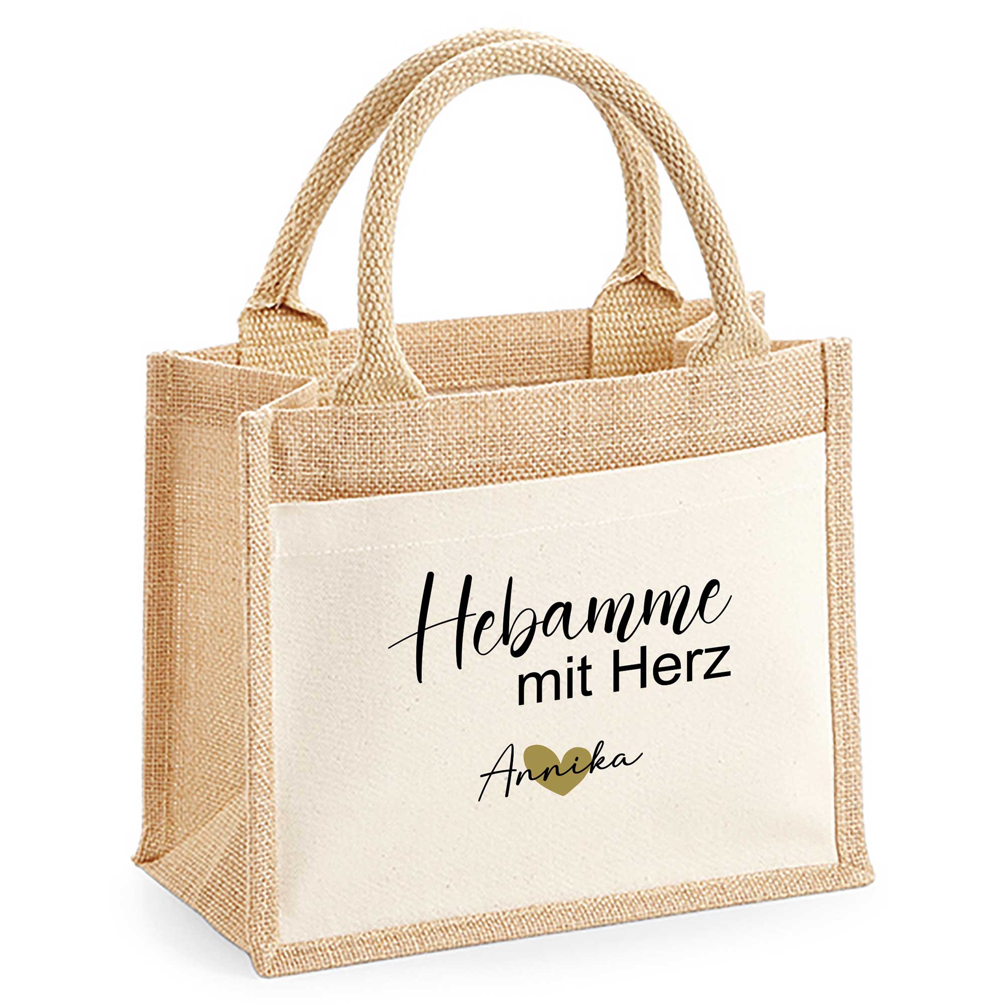 Tasche Hebamme mit Herz mit Namen personalisiert – einzigartiges Geschenk für Hebammen mit goldfarbenem Herz