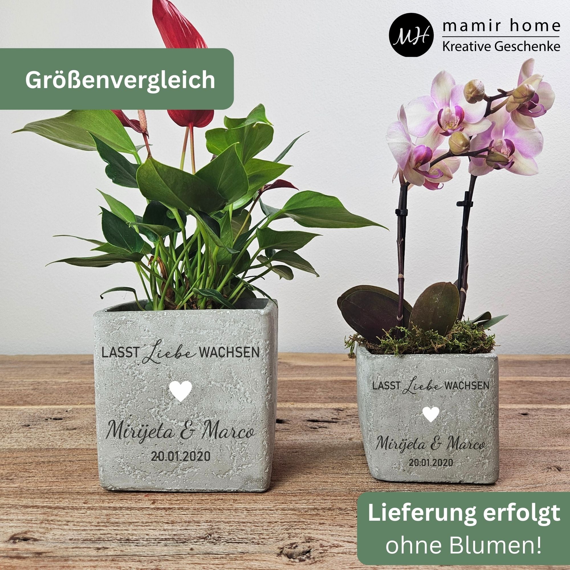 Geschenk zur Hochzeit – Blumentopf mit Gravur „Lasst Liebe wachsen“ | Hochzeitsgeschenk personalisiert aus Beton