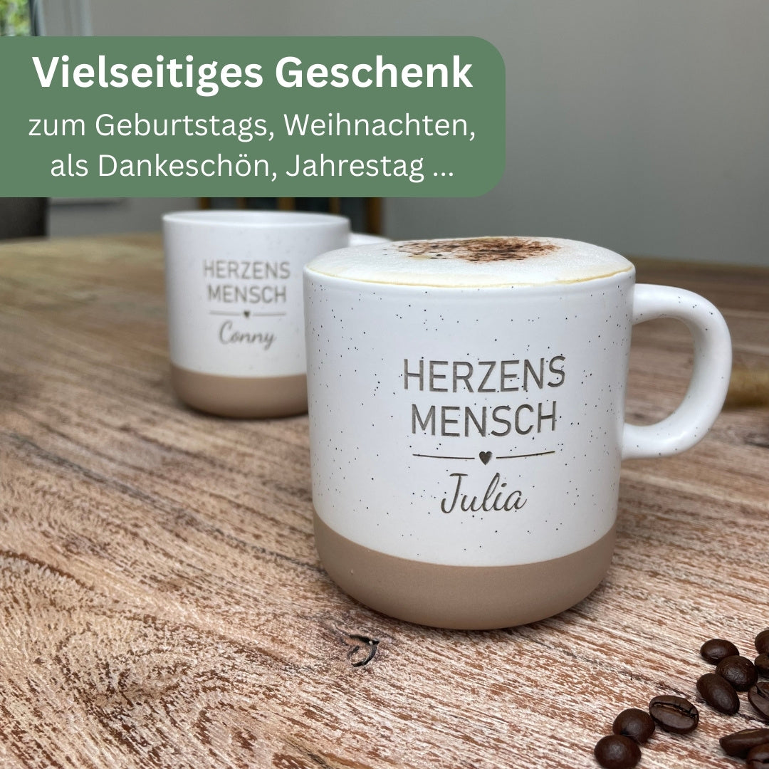 Personalisierte Herzensmensch Tasse Julia und Conny aus Steingut, vielseitige Geschenkidee zum Geburtstag oder Dankeschön