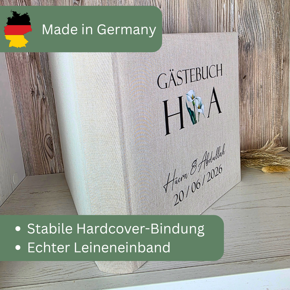 Detailaufnahme des hochwertigen Leineneinbands eines personalisierten Hochzeitsgästebuchs mit feiner Stoffstruktur.