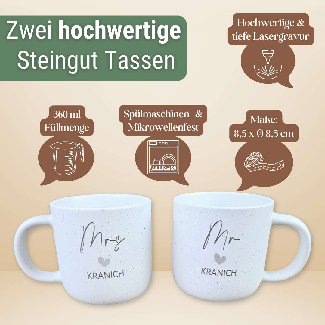 Hochzeitsgeschenk personalisiert – Mr & Mrs Tassen mit Namen & Herz-Tablett | Geschenk für das Brautpaar | Steingut Tasse Neutral