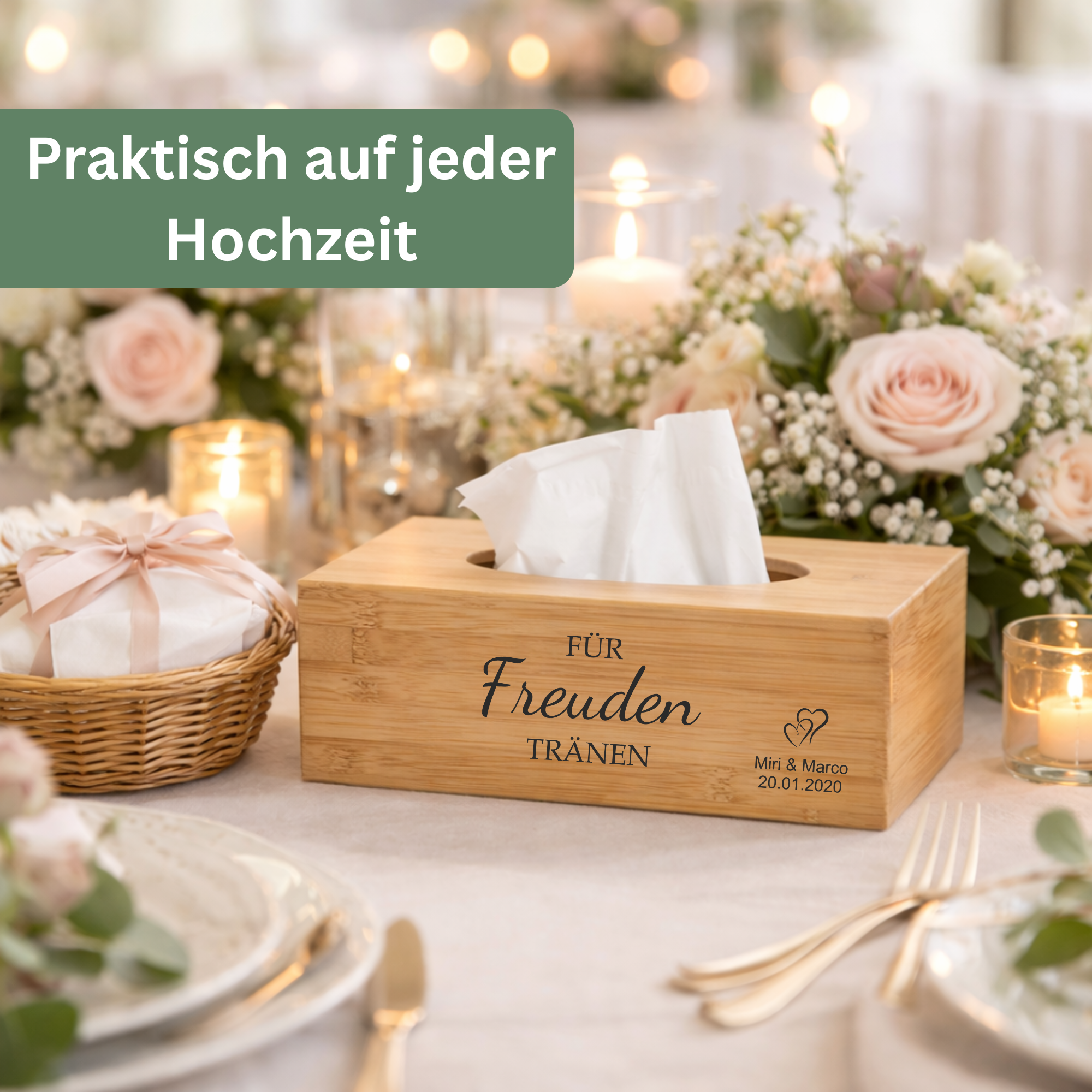 Hochzeitsausstattung mit Taschentuchbox für Taschentücher Hochzeit auf dem Tisch