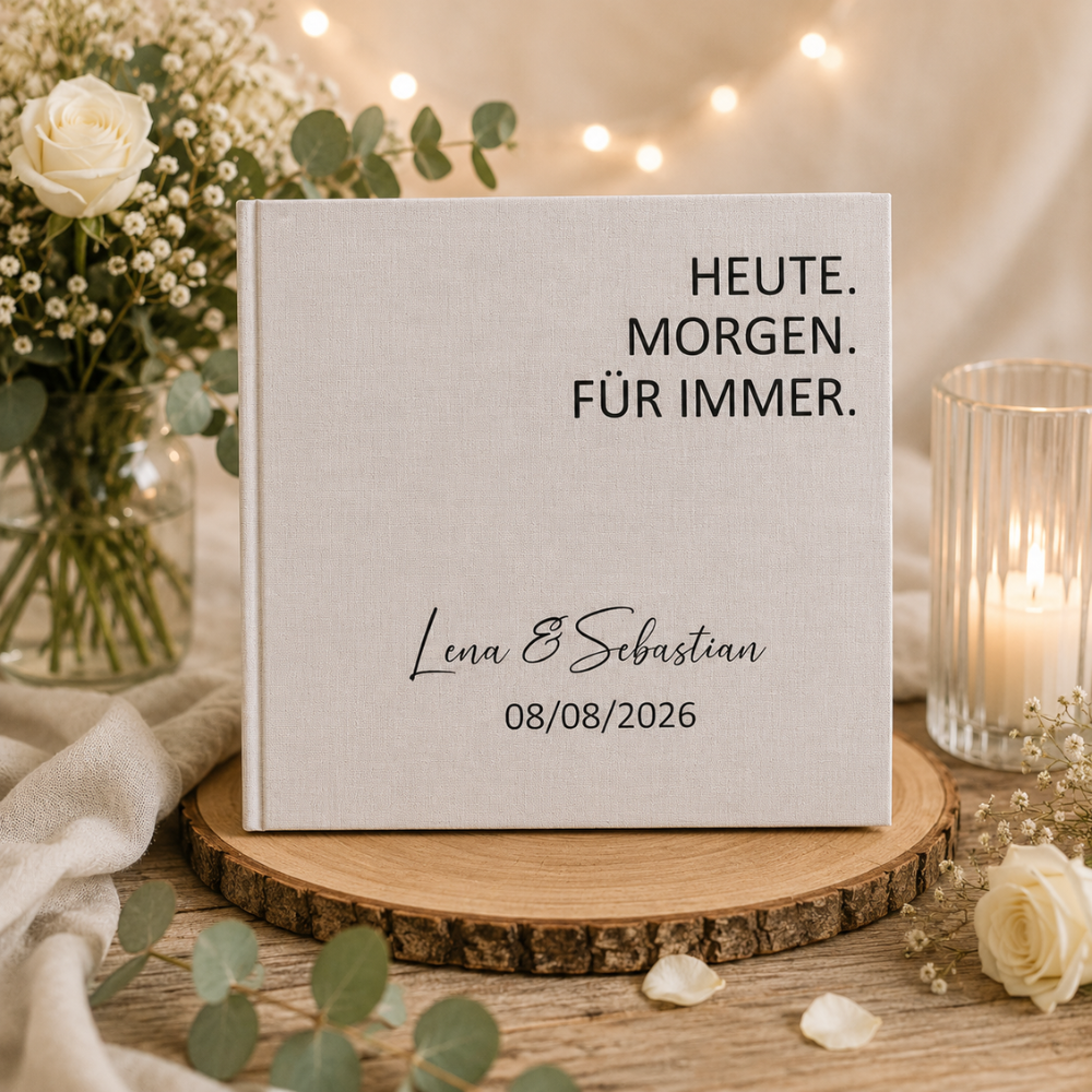 Modernes Hochzeitsgästebuch aus Leinen auf dekoriertem Hochzeitstisch mit Kerzen und Blumen als stilvolle Erinnerung an den Hochzeitstag.