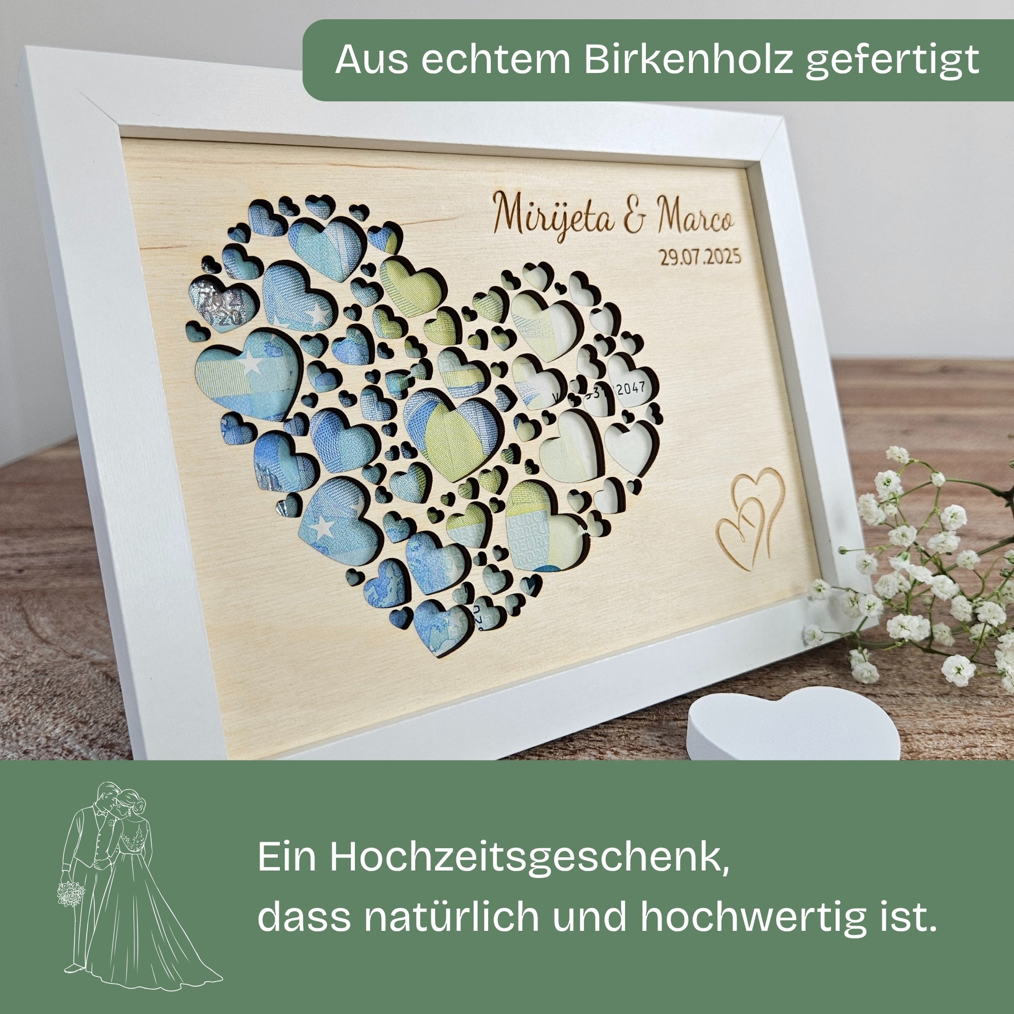 Personalisiertes Hochzeitsgeschenk aus echtem Birkenholz – Herzrahmen mit Geldscheinen und Gravur