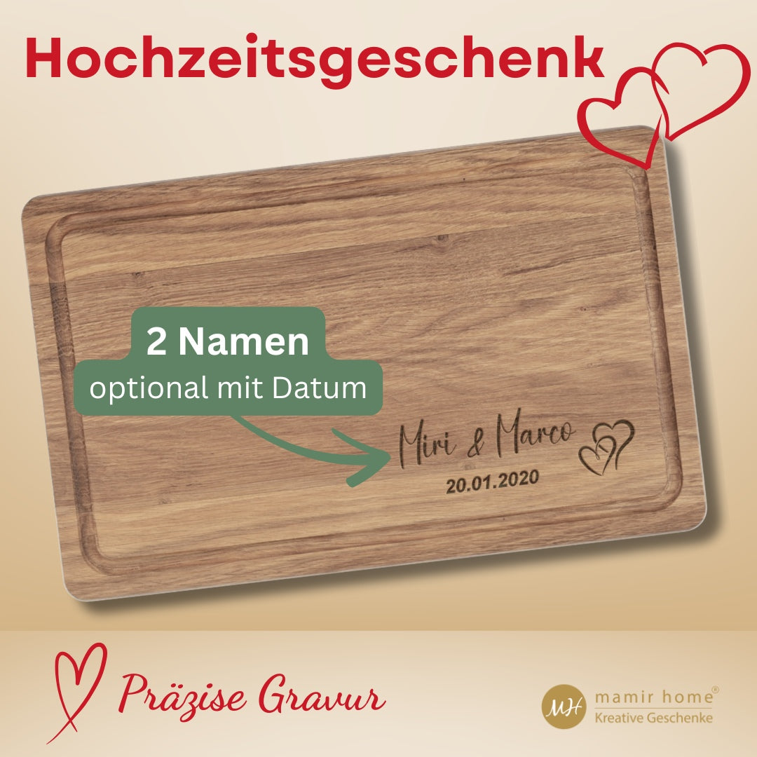 Infografik zum personalisierten Schneidebrett als Hochzeitsgeschenk mit zwei Namen und Datum – optional graviert mit Herzsymbol.

