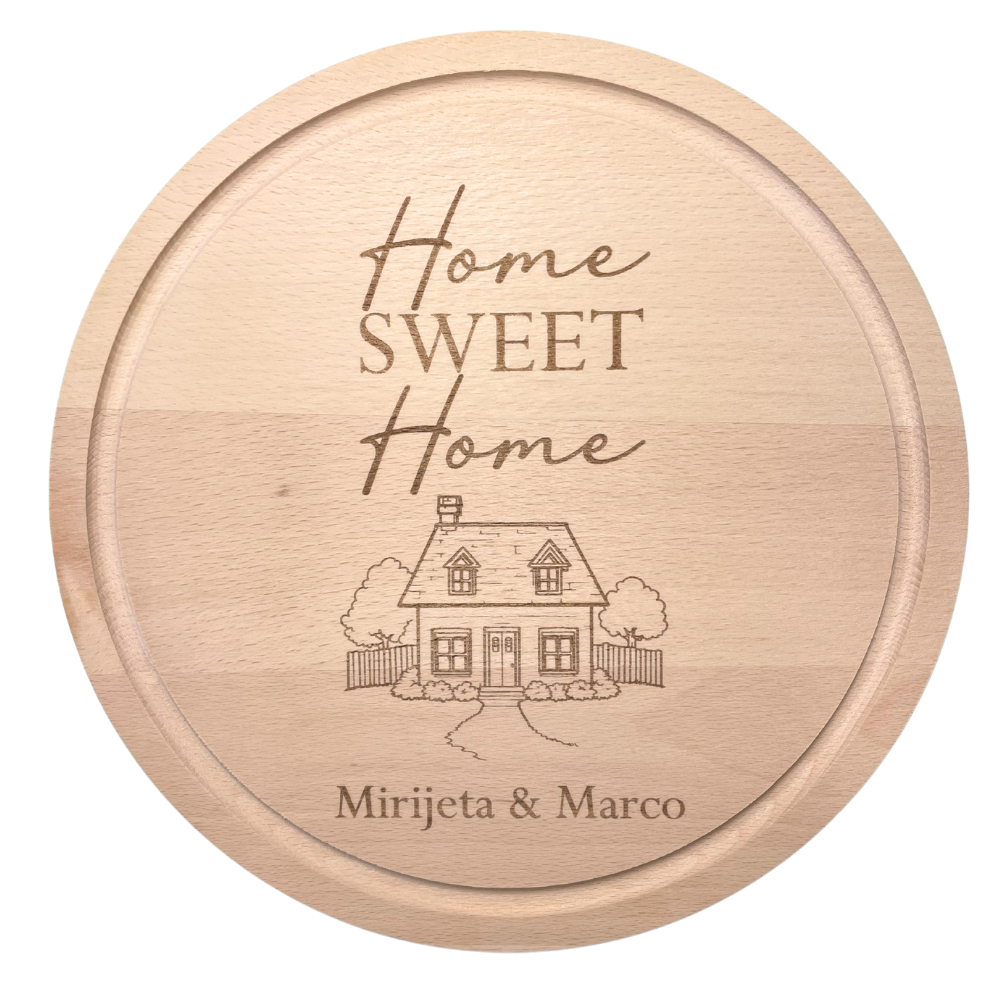 Personalisierte Geschenkidee zum Einzug – Rundes Schneidebrett Home Sweet Home aus Holz mit Gravur & Namen (20 cm / 25 cm)