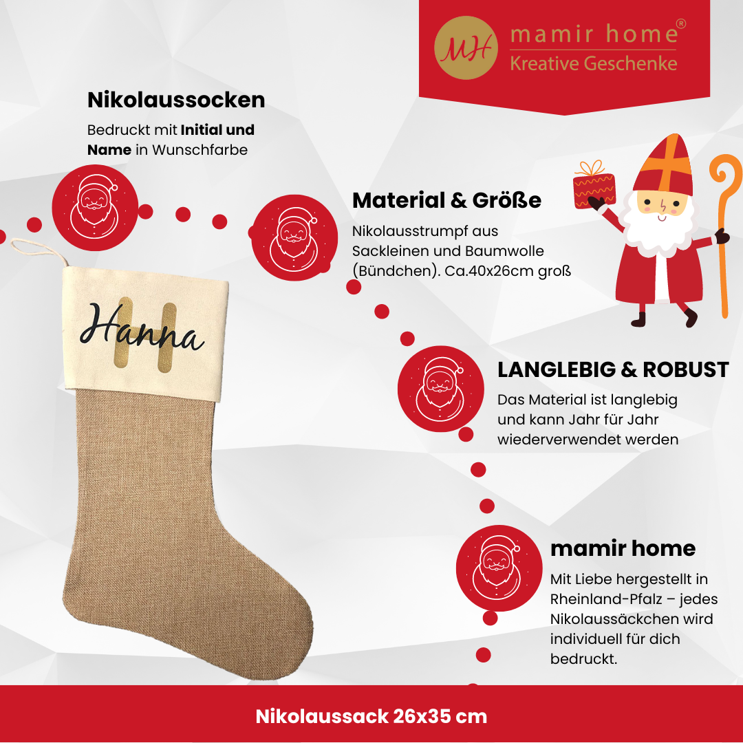 Infografik Nikolausstiefel personalisiert mit Initiale und Namen, Infos zu Größe, Material und Personalisierung