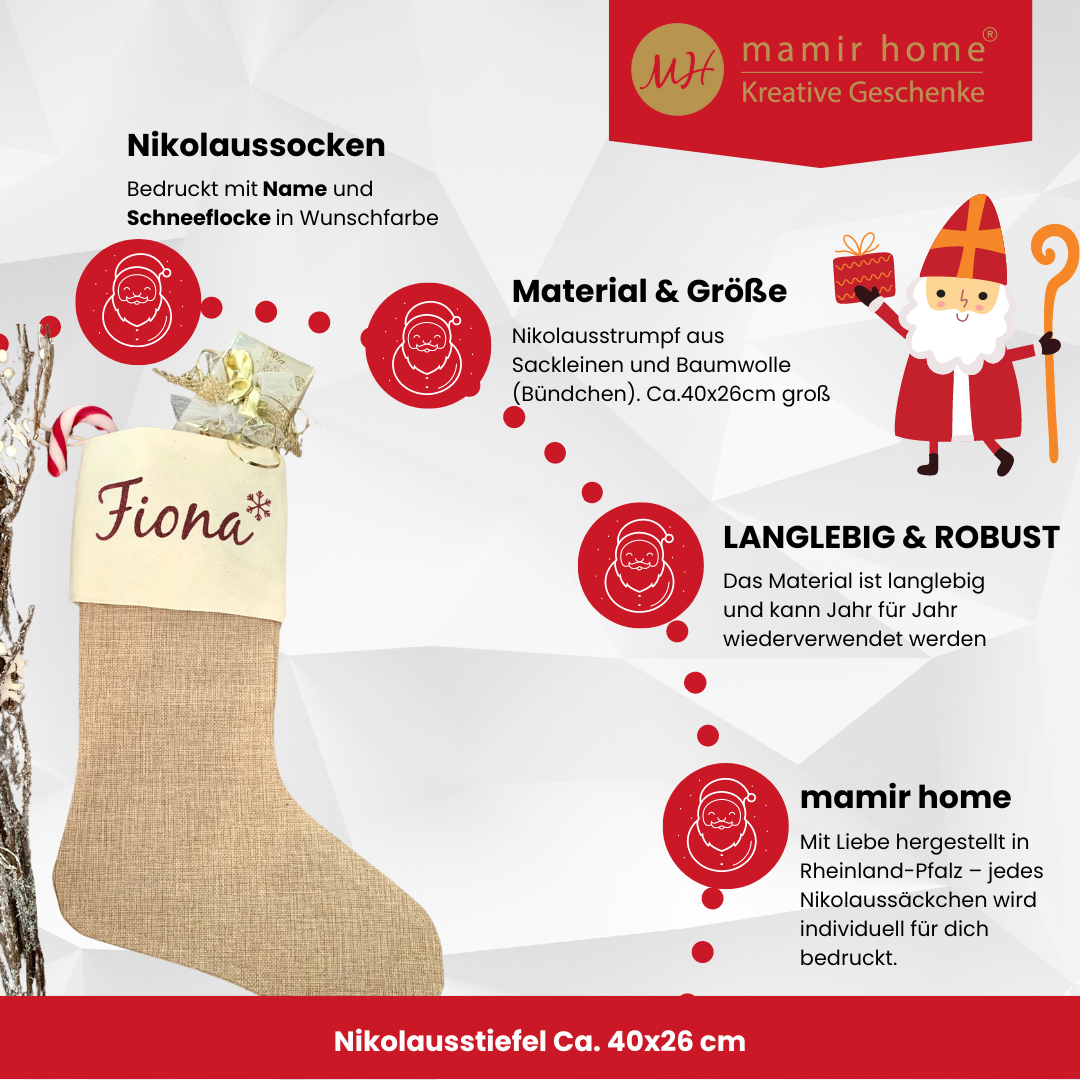 Infografik Nikolausstiefel personalisiert mit Namen und Schneeflocke, Infos zu Größe, Material und Personalisierung