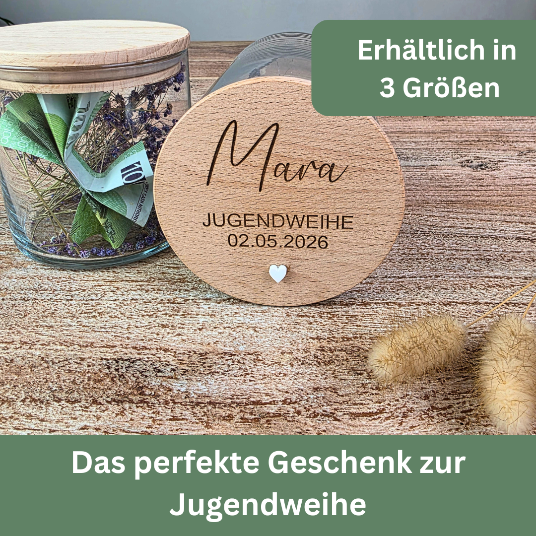 Jugendweihe Geschenk für Jungen mit personalisiertem Namen und Datum, hochwertiges Glas mit graviertem Holzdeckel