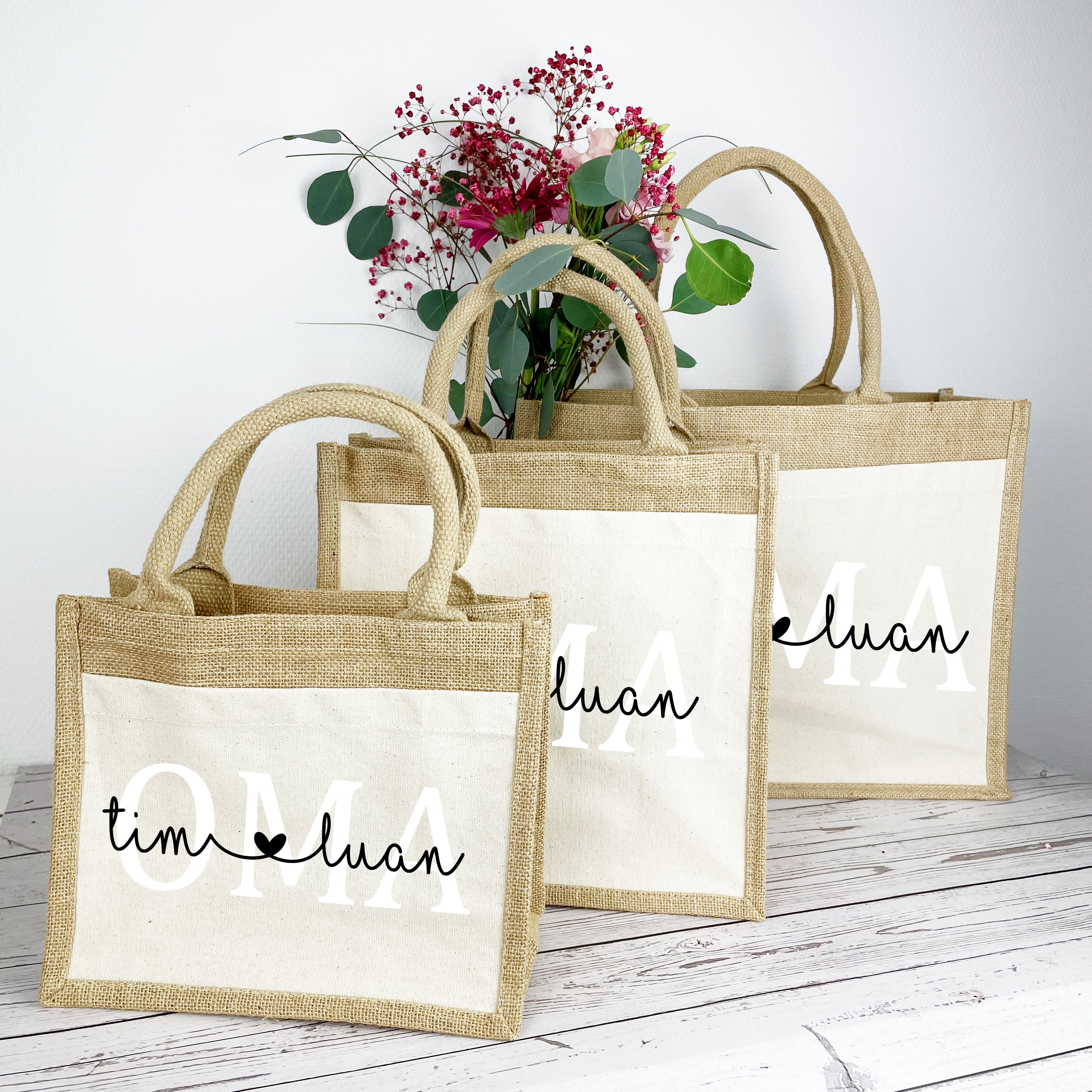 Drei personalisierte Jutetaschen für Mama und Oma mit Namen – nachhaltiges Geschenk-Set für Muttertag oder Weihnachten