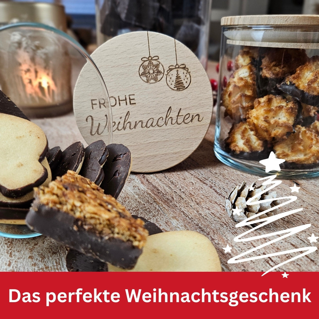 Keksdose Weihnachten mit graviertem Holzdeckel „Frohe Weihnachten“ und Weihnachtskugeln