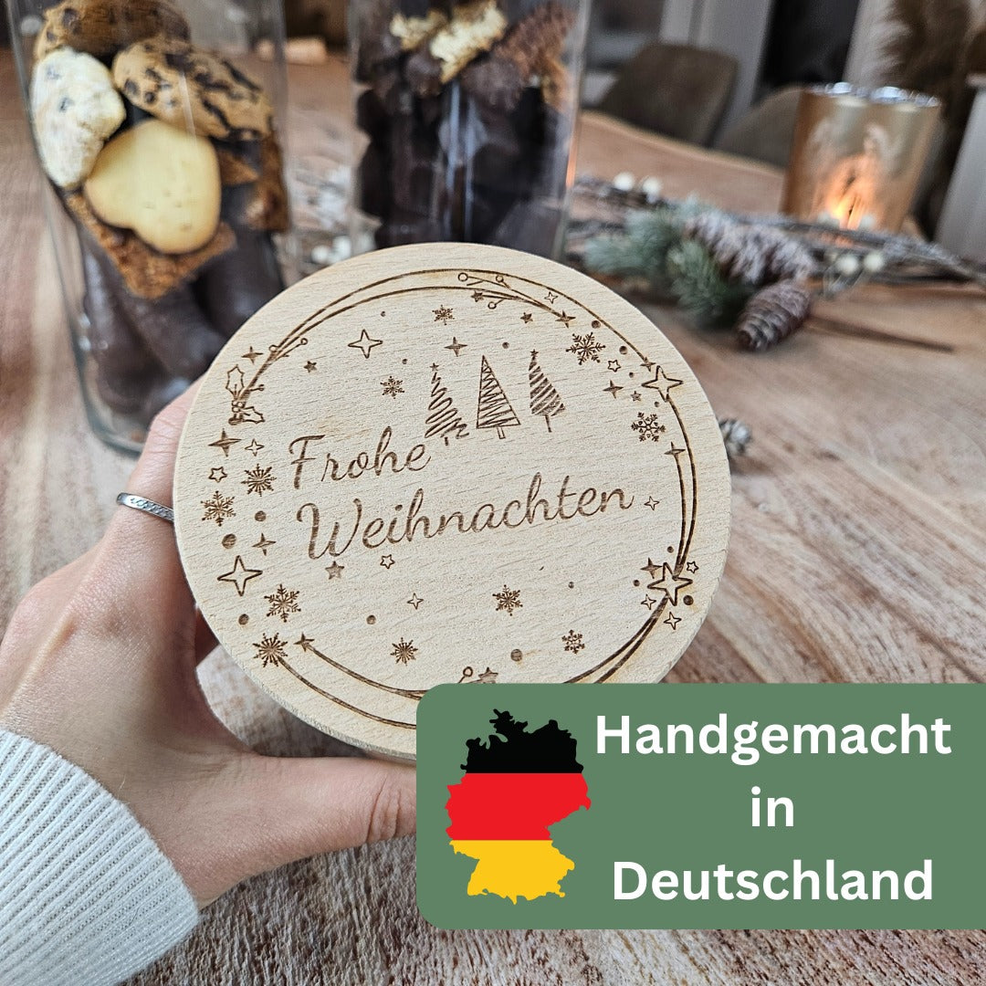 Keksdose Weihnachten mit Gravur „Frohe Weihnachten“, handgemacht in Deutschland