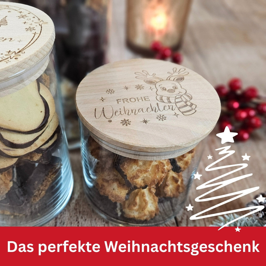 Keksdose Weihnachten aus Glas mit graviertem Rentier und Frohe Weihnachten Schriftzug