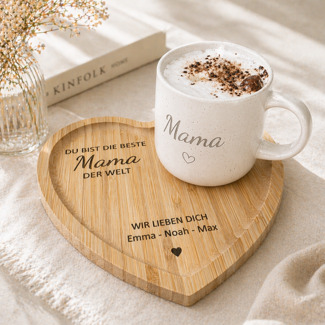 Muttertagsgeschenk Mama personalisiert – Tasse mit Herz-Tablett | Geschenk für Mama mit Namen | Du bist die beste Mama/Oma der Welt