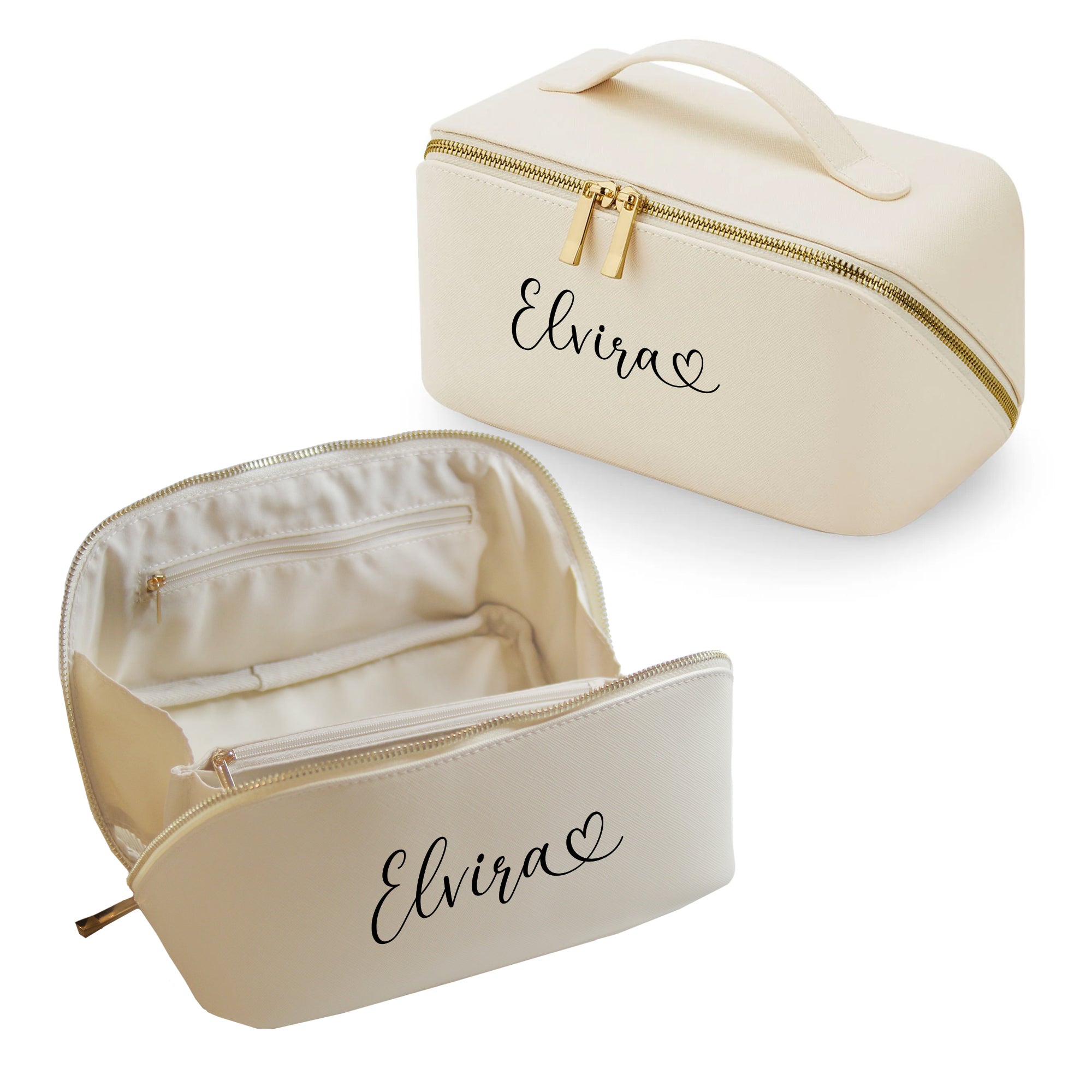 Set aus geöffneter und geschlossener Kosmetiktasche in Creme mit Personalisierung