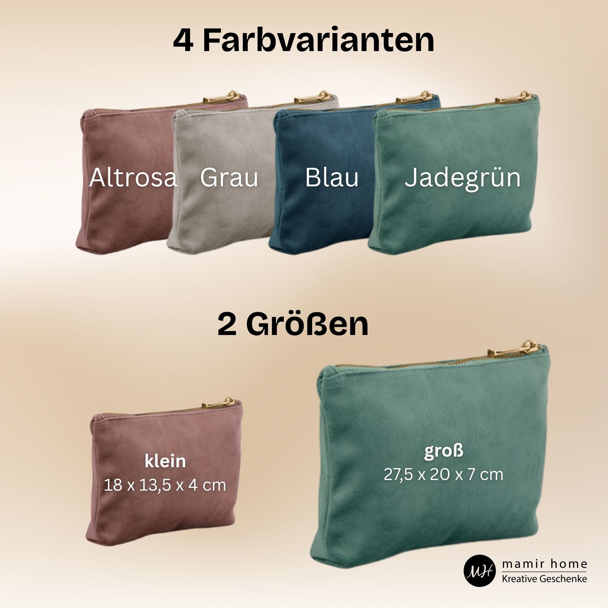 Übersicht aller Farbvarianten und Größen der personalisierten Samt-Kosmetiktaschen – Altrosa, Grau, Blau, Jadegrün in zwei Größen