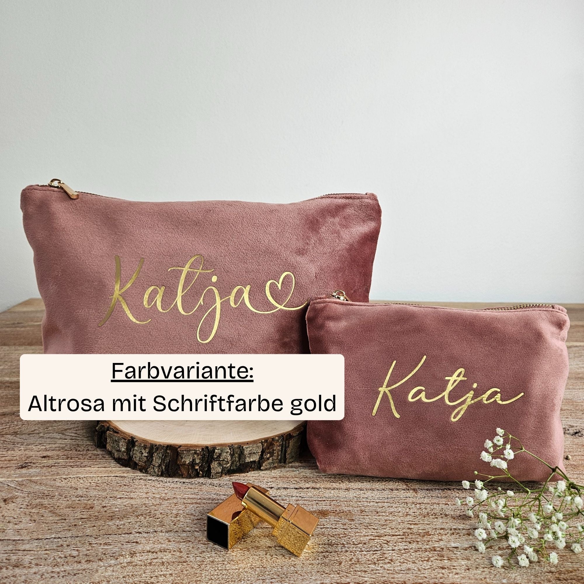 Kosmetiktaschen-Set in Altrosa mit goldener Namensgravur Katja – Geschenkidee für Freundin, Mama oder Tochter.