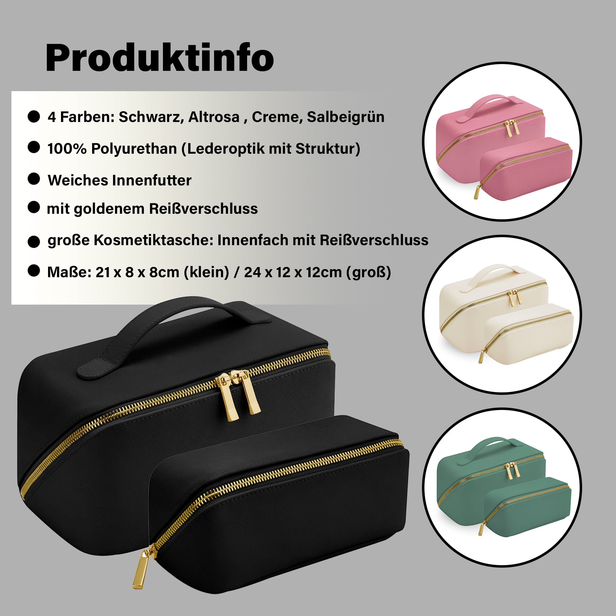 Produktinfos zur Kosmetiktasche: Maße, Farben, Innenfächer