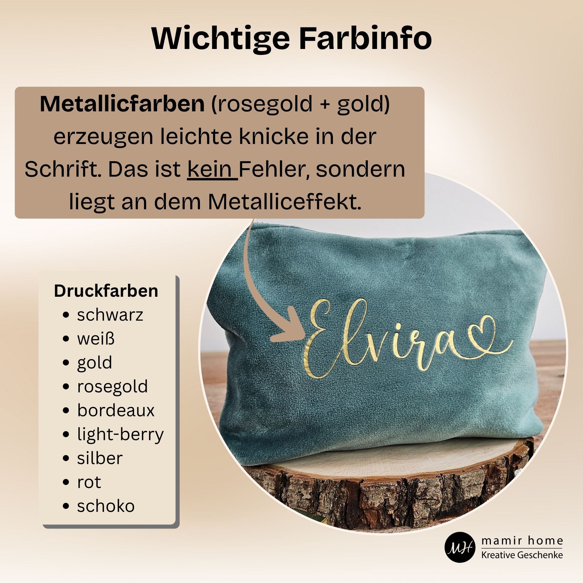 Jadegrüne Kosmetiktasche aus Samt mit goldener Gravur Elvira – Farbinfo zu Metallicfarben und Druckoptionen.
