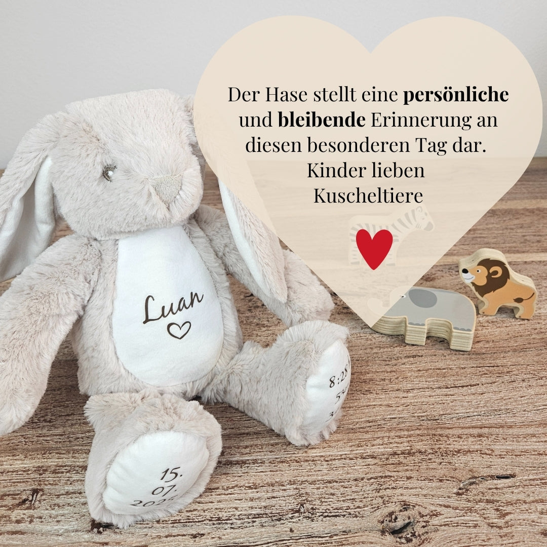 Kuschelhase personalisiert mit Name Luan – bleibende Erinnerung an die Geburt eines Babys