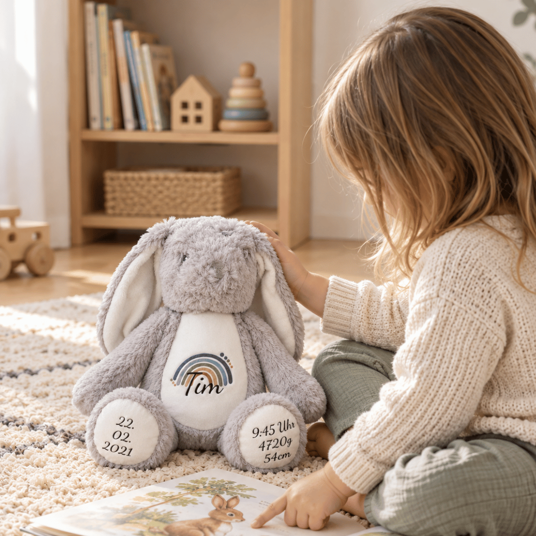 Nahaufnahme des personalisierten Regenbogens und des Kindernamens auf dem weißen Bauch des weichen Kuschelhasen.
