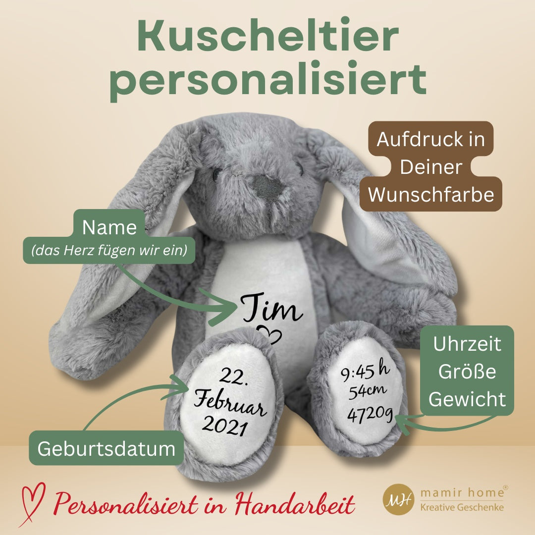 Kuscheltier Hase mit Namen & Geburtsdaten – ein unvergessliches Geburtsgeschenk